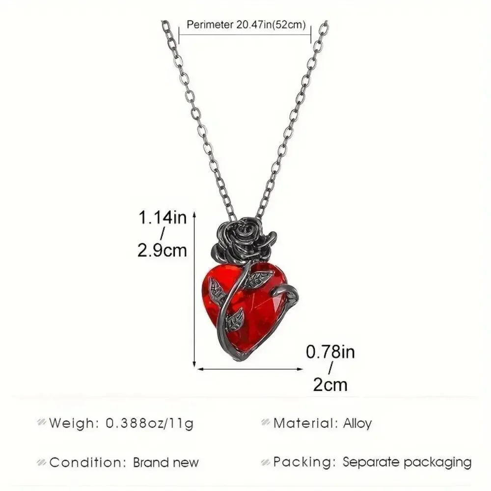Gothic Gun Metal Rose Wrapped Around Ruby Heart Necklace